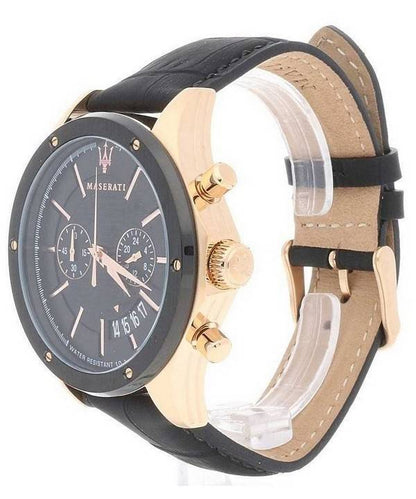 Side view of Maserati Circuito watch displaying rose gold case, black leather strap, and chronograph pushers