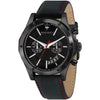 Maserati Circuito black dial chronograph watch with red accents on leather strap