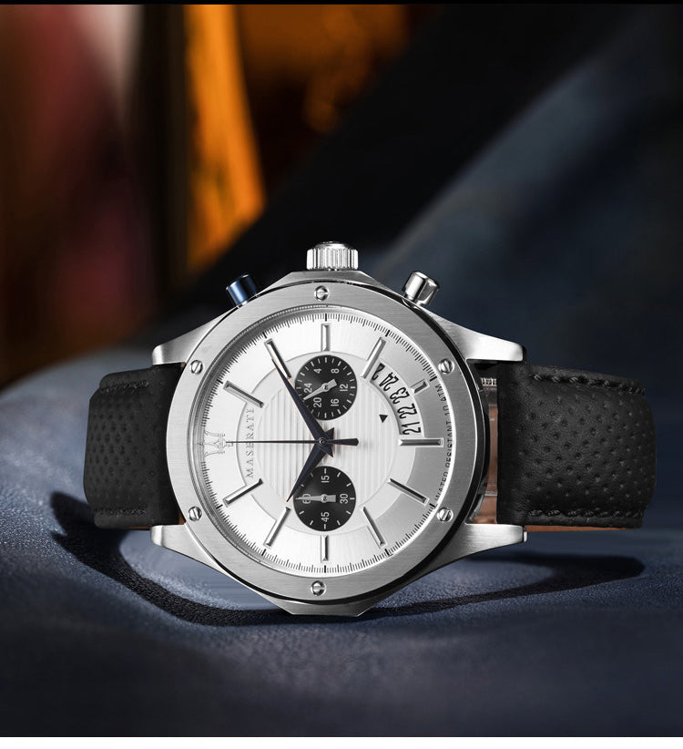 Maserati Circuito chronograph watch angled view with silver dial and black subdials