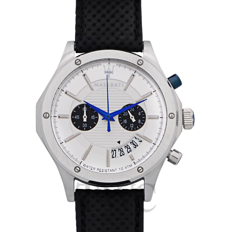 Maserati Circuito silver dial chronograph watch with blue chronograph hand and date window