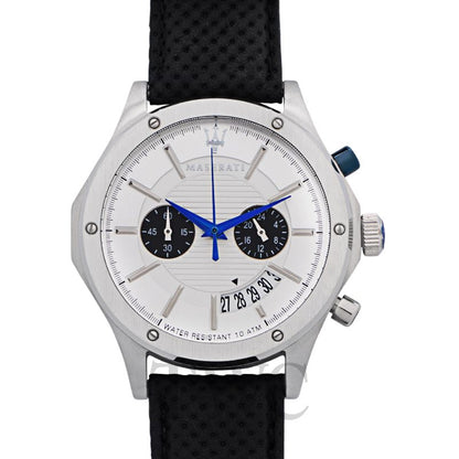 Maserati Circuito silver dial chronograph watch with blue chronograph hand and date window