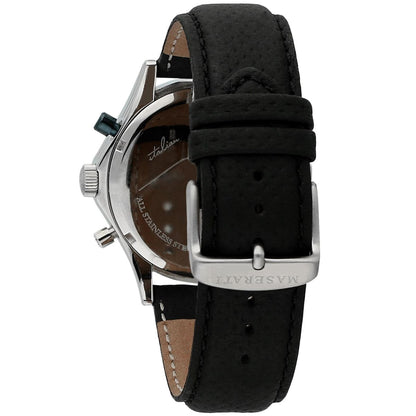 Maserati Circuito watch side view showing black leather strap and brown leather interior