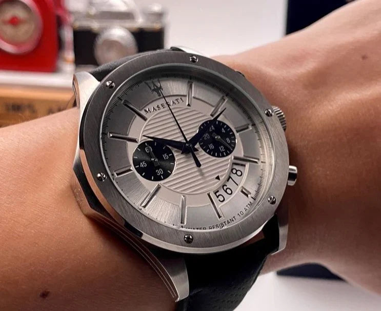 Maserati Circuito silver dial chronograph watch worn on wrist with black leather strap