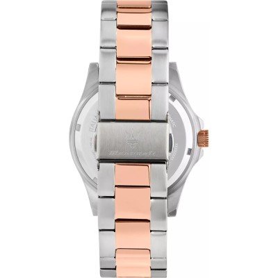 Caseback view of Maserati Competizione watch showing two-tone bracelet and crown detail
