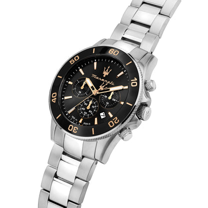 Angled view of Maserati Competizione diver watch with chronograph subdials and rotating bezel