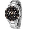 Maserati Competizione diver chronograph with black dial, gold accents, rotating bezel, and silver bracelet