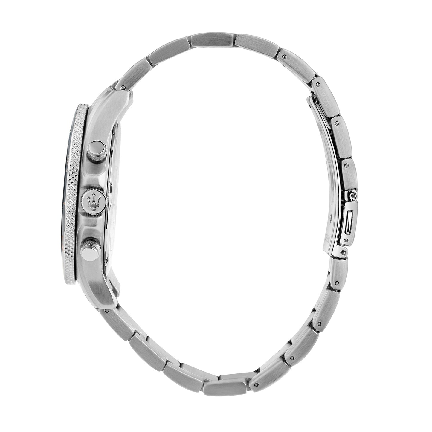 Side profile view of Maserati Competizione chronograph watch showing case thickness and bracelet links