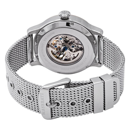 Maserati Epoca caseback showing skeleton automatic movement through crystal