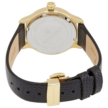 Maserati Epoca watch caseback view with black leather strap and gold-tone clasp