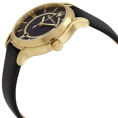 Side view of Maserati Epoca watch showing gold case profile and black leather strap
