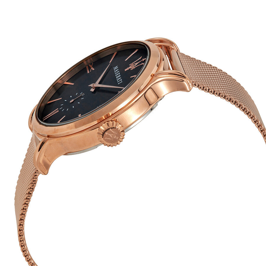 Maserati Epoca watch at angle showing rose gold case profile and mesh strap