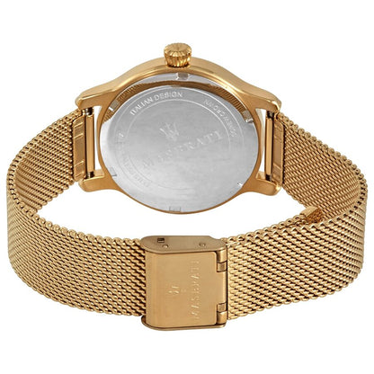 Caseback view of Maserati Epoca watch showing gold mesh strap and case back