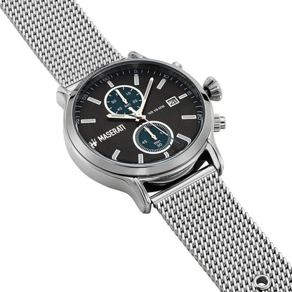 Maserati Epoca watch at angle showing black dial with blue subdials and chronograph pushers