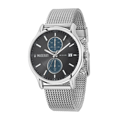 Maserati Epoca chronograph men's watch with grey/blue dial and stainless steel mesh strap