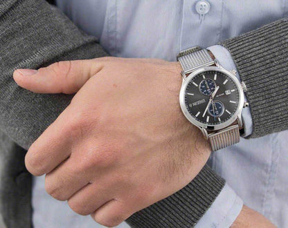 Maserati Epoca chronograph watch worn on wrist with stainless steel mesh band