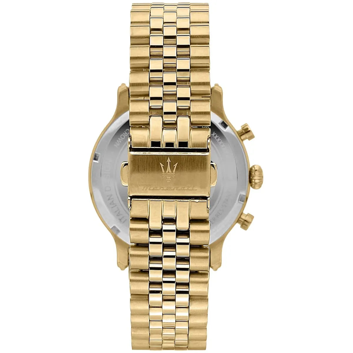 Caseback of Maserati Epoca gold chronograph showing case and Maserati logo