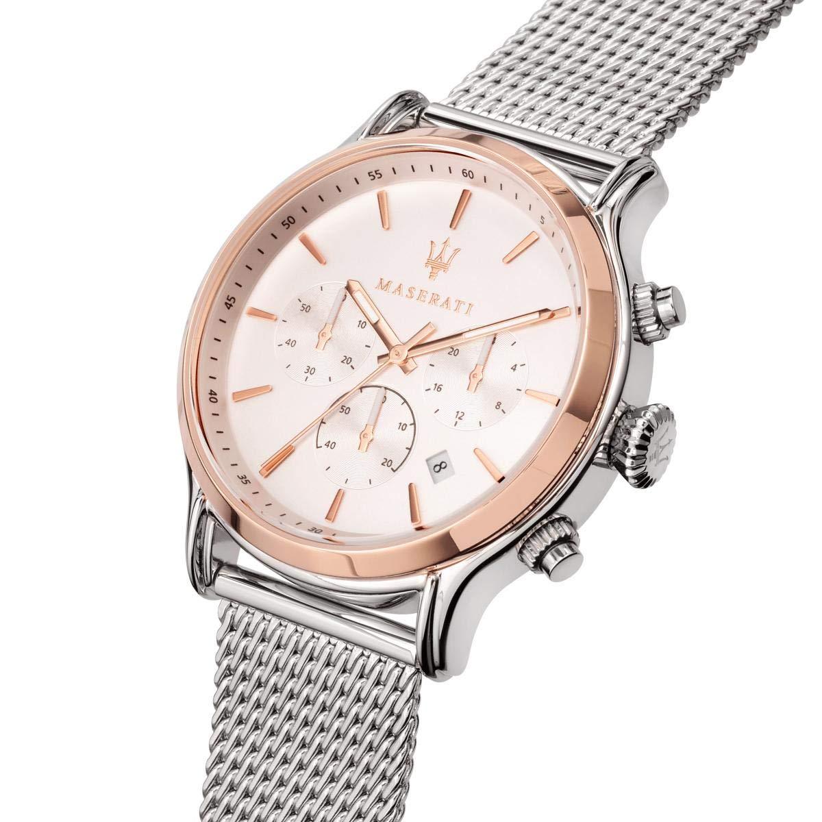 Angled view of Maserati Epoca watch displaying rose gold bezel and chronograph subdials on white dial
