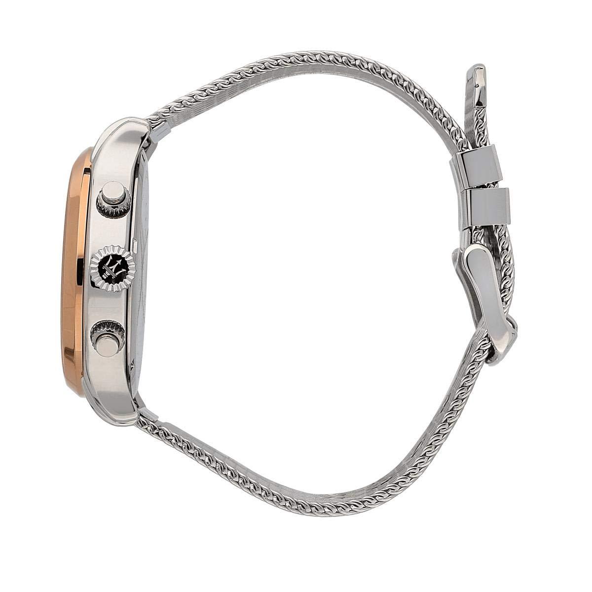 Side view of Maserati Epoca men's watch showing rose gold PVD case and mesh bracelet