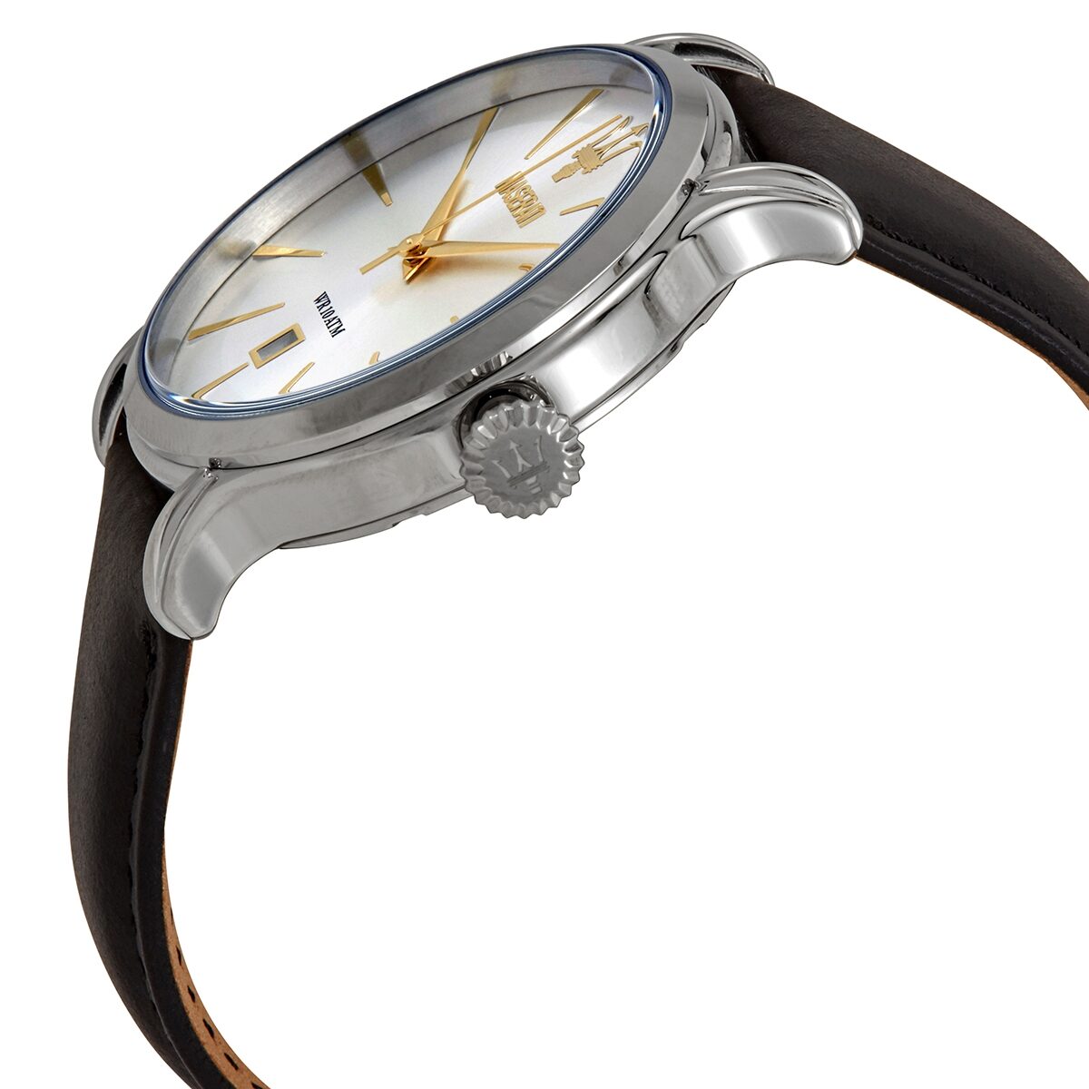 Maserati Epoca watch side view showing stainless steel case and black leather strap