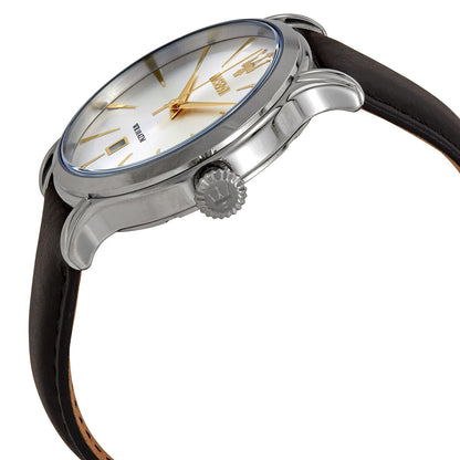 Maserati Epoca watch side view showing stainless steel case and black leather strap