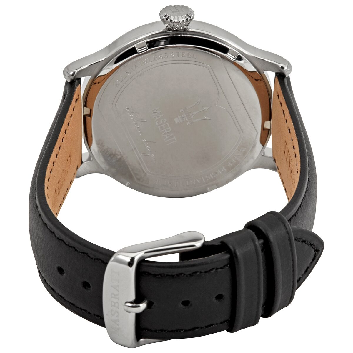 Maserati Epoca watch caseback view showing black leather strap and buckle