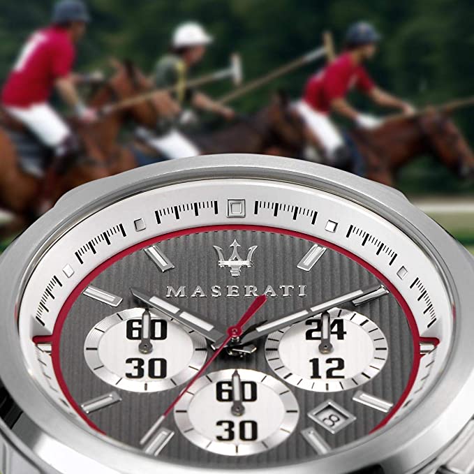 Maserati Polo watch dial detail showing chronograph subdials, red accents and white markers