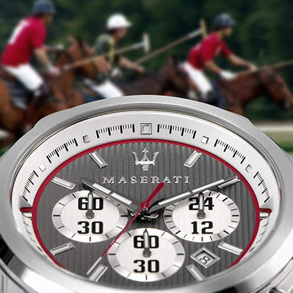 Maserati Polo watch dial detail showing chronograph subdials, red accents and white markers