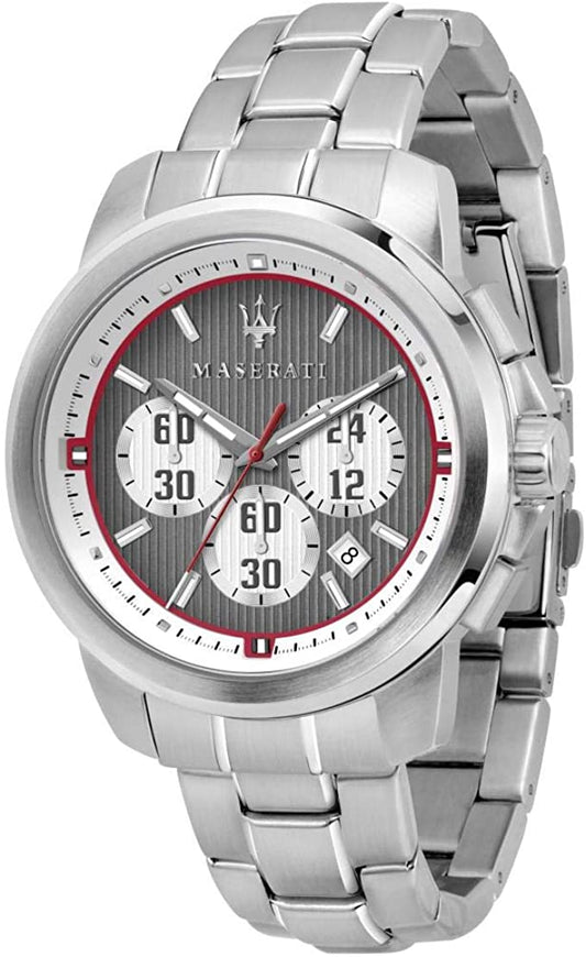 Maserati Polo analog quartz men's watch with gray dial, red subdials and steel bracelet