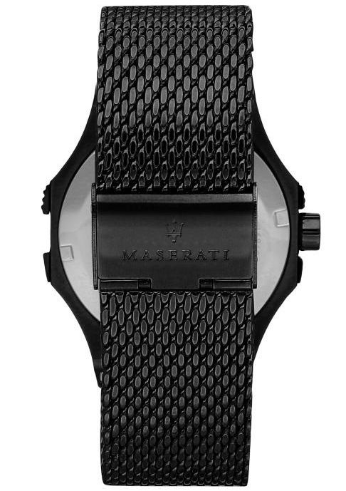 Black mesh bracelet of Maserati Potenza watch with fold-over clasp and Maserati branding