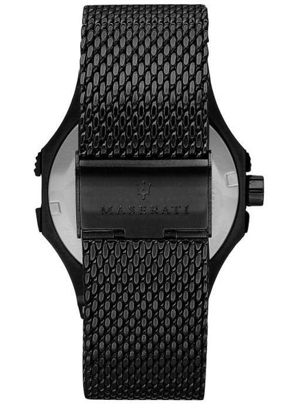 Black mesh bracelet of Maserati Potenza watch with fold-over clasp and Maserati branding