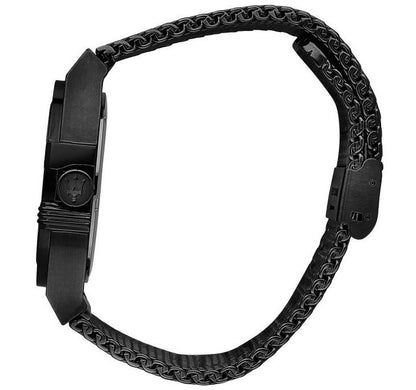 Side view of Maserati Potenza watch with black mesh bracelet and matching black case