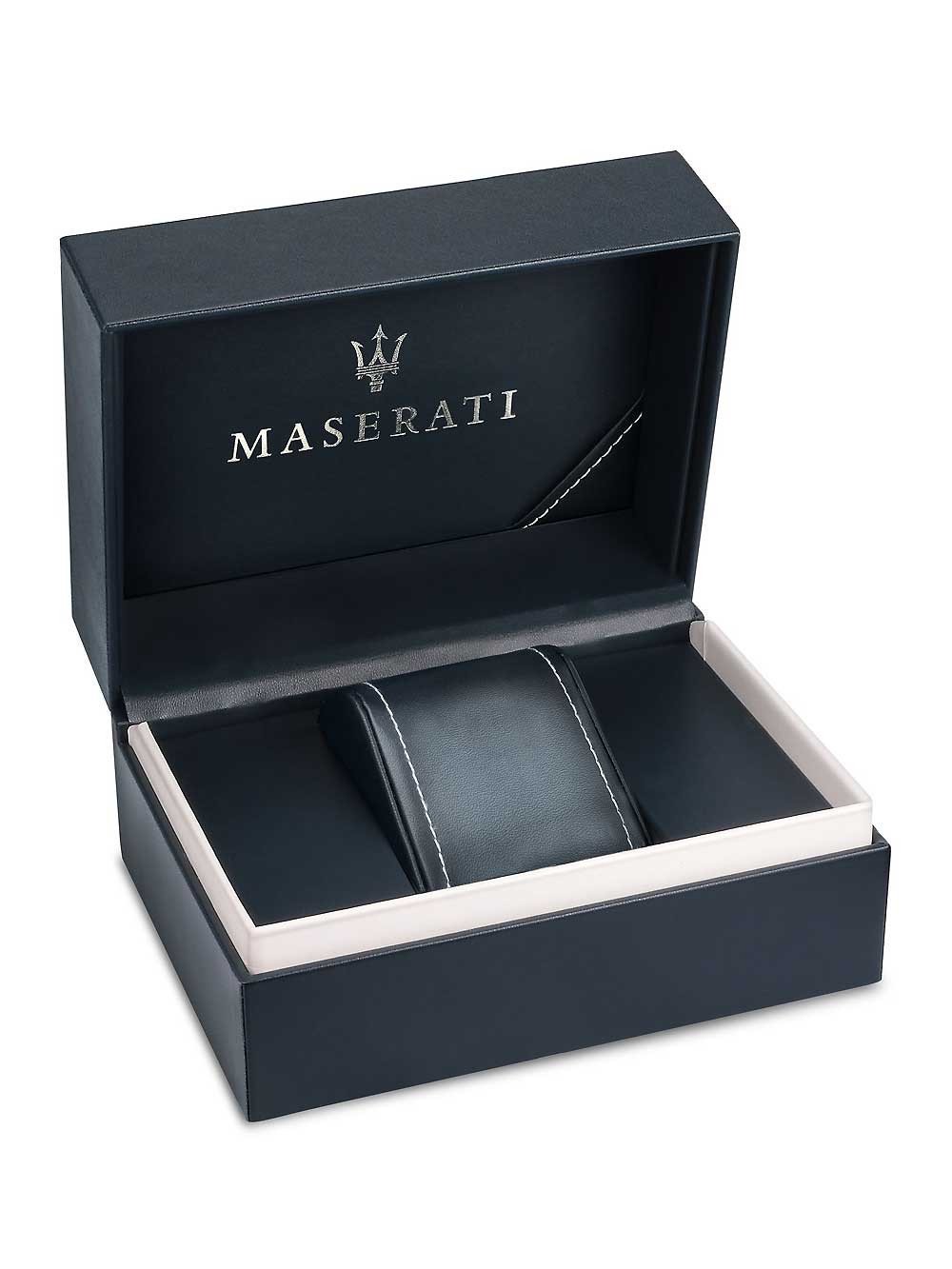 Maserati branded presentation box for Potenza watch with navy exterior and white interior
