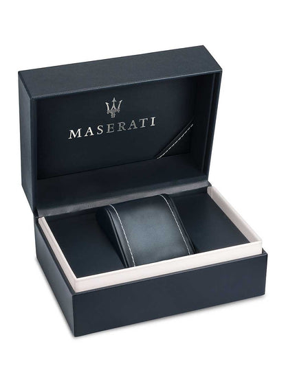 Maserati branded presentation box for Potenza watch with navy exterior and white interior