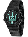 Maserati Potenza Aqua Edition black watch with cyan trident logo on dial and black mesh strap