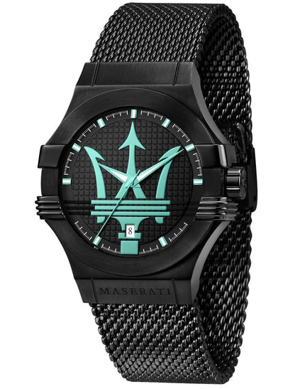 Maserati Potenza Aqua Edition black watch with cyan trident logo on dial and black mesh strap