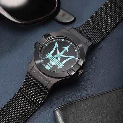 Maserati Potenza Aqua Edition watch worn on wrist, displaying cyan dial elements and black case