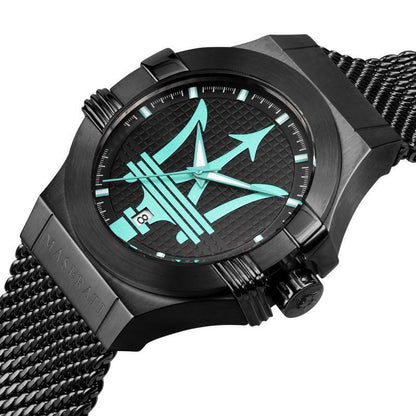 Close-up of Maserati Potenza dial featuring cyan trident logo and luminous hands on black dial