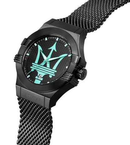 Angled view of Maserati Potenza Aqua Edition watch with cyan dial details and black mesh strap