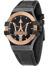 Maserati Potenza quartz watch with black dial, rose gold bezel, and black leather strap