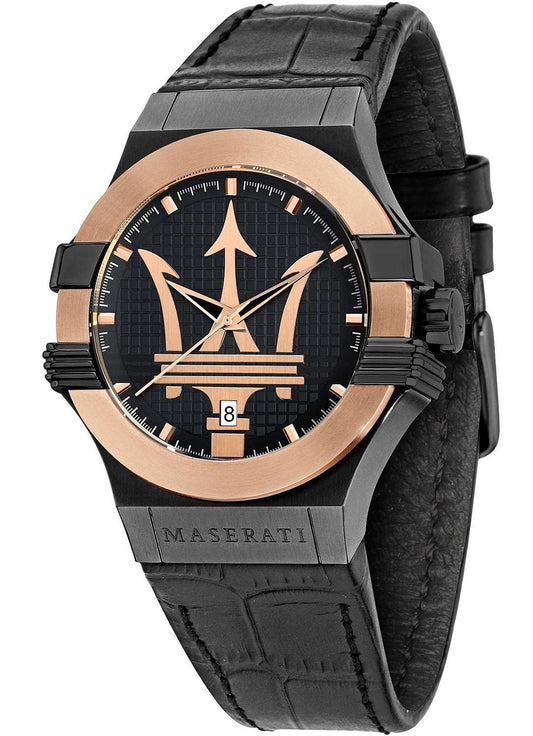 Maserati Potenza quartz watch with black dial, rose gold bezel, and black leather strap