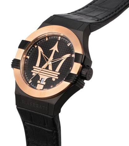 Maserati Potenza watch worn on wrist with black dial, rose gold bezel, and black leather strap