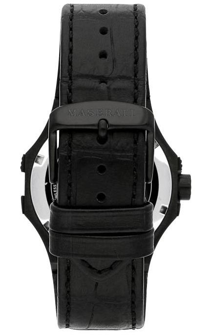Maserati Potenza watch caseback view showing black leather strap with crocodile texture