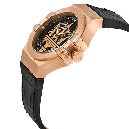 Maserati Potenza watch angled side view showing rose gold case and black leather strap