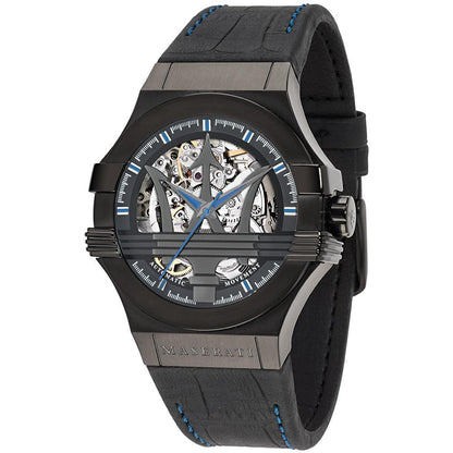 Maserati Potenza black skeleton dial men's watch with black leather strap and stainless steel case