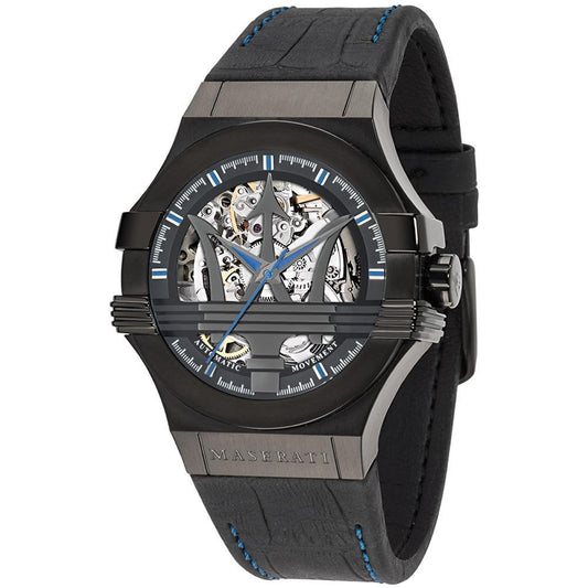 Maserati Potenza black skeleton dial men's watch with black leather strap and stainless steel case