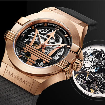Close-up of Maserati Potenza skeleton dial showing automatic movement and rose gold case