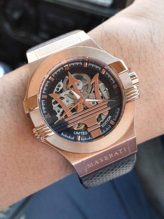Maserati Potenza rose gold automatic watch on wrist with black strap