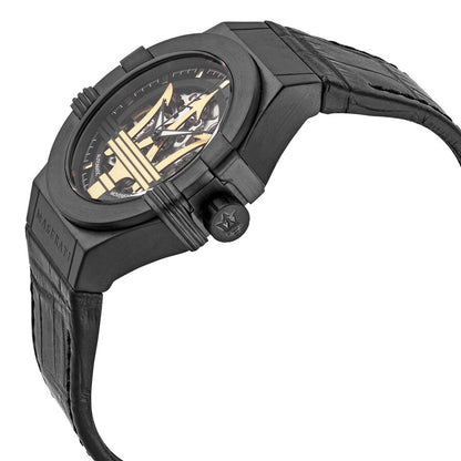 Maserati Potenza watch at angle showing black case, skeleton face, and crocodile leather strap