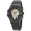 Maserati Potenza automatic men's watch with black case, skeleton dial, and gold movement visible