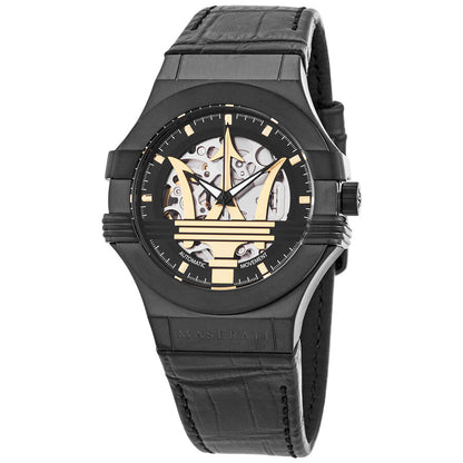 Maserati Potenza automatic men's watch with black case, skeleton dial, and gold movement visible
